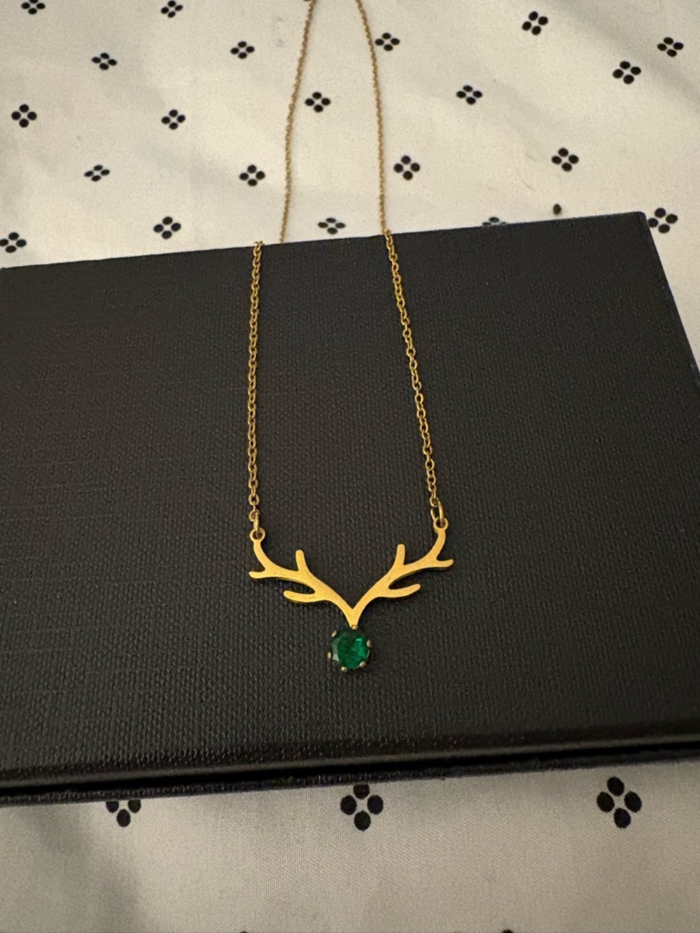 Gold Antler Pendant Necklace with Emerald Green Gem - Women Jewelry